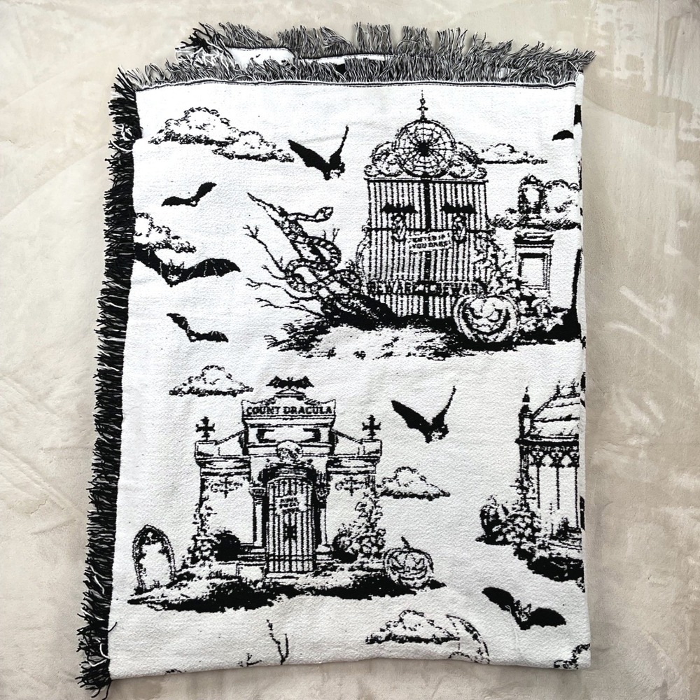 Cynthia Rowley Curious Halloween Cemetery Toile Woven Fringe Throw Blanket 50x70